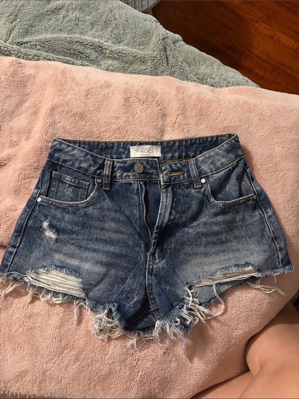 Rise Distressed High-Rise Jean Shorts - Dark Blue